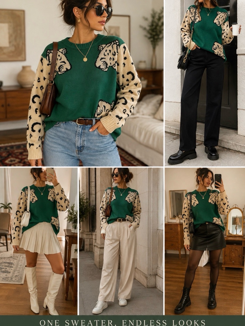 Leopard Print Knit Y2K Retro Green Crewneck Sweater with Cream Leopard Sleeves